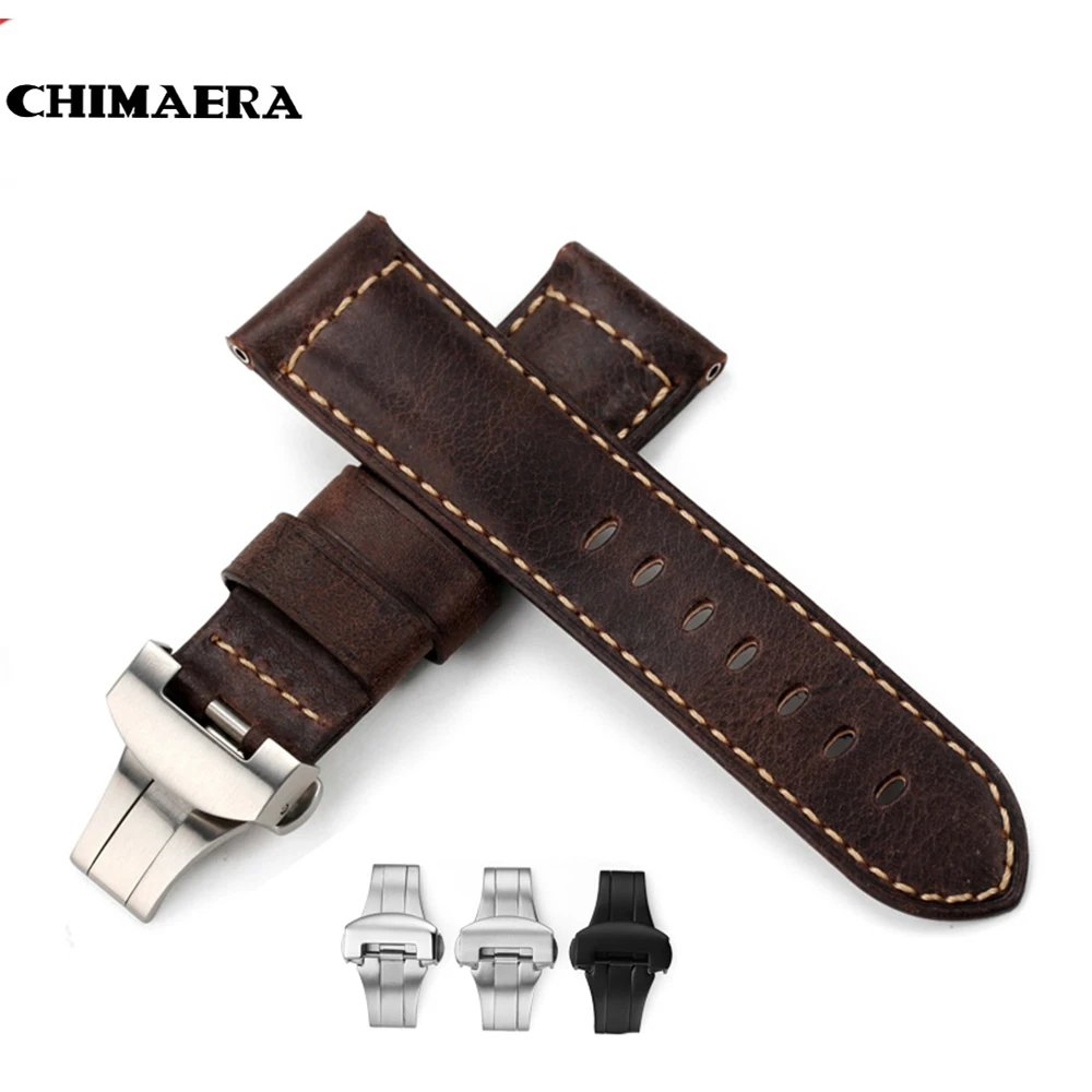 

CHIMAERA Handmade Genuine Italian Leather Watch Band Strap Belt Bracelet Dark Brown Mens fit Butterfly buckle for Panerai 24mm
