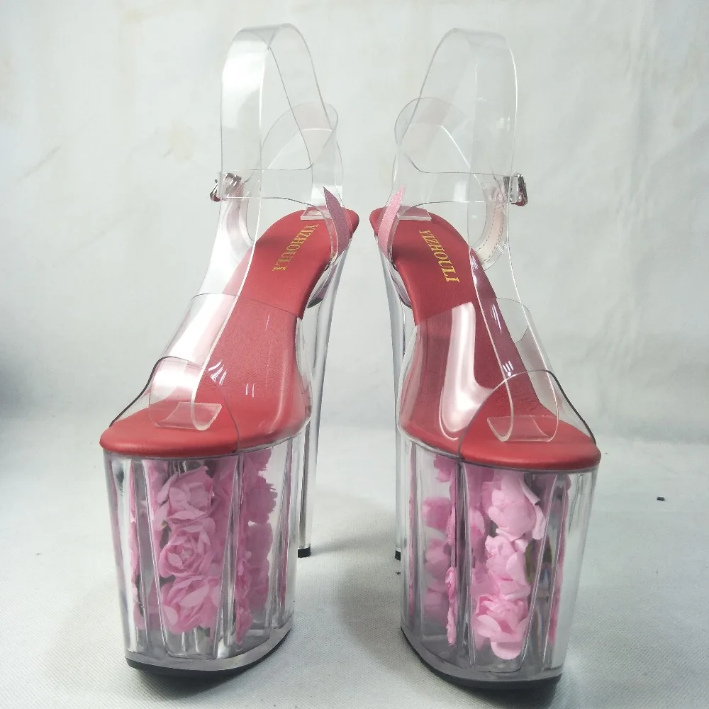 Sexy and see-through 20cm high heels with pink roses for lady's sandals crystal dance shoes