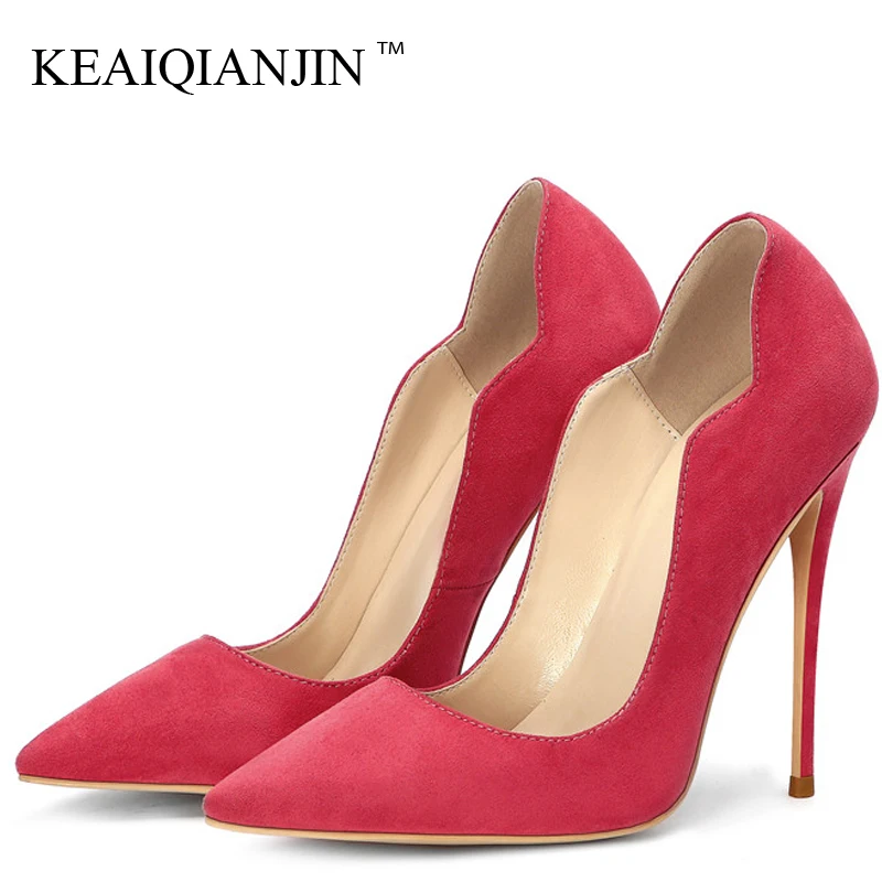 

KEAIQIANJIN Women's High Heels Shoes Wedding Pumps Sexy Plus Size Party Flock High Heels Shoes Pointed Toe Blue Apricot Red 2019