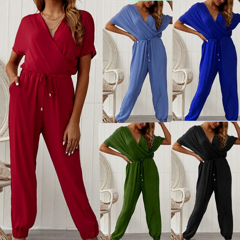 

Sexy Women Overalls Bodysuit Summer Rompers Jumpsuit Chiffon Short Sleeve Clubwear Playsuit Bodycon Tied Waist Party 2019