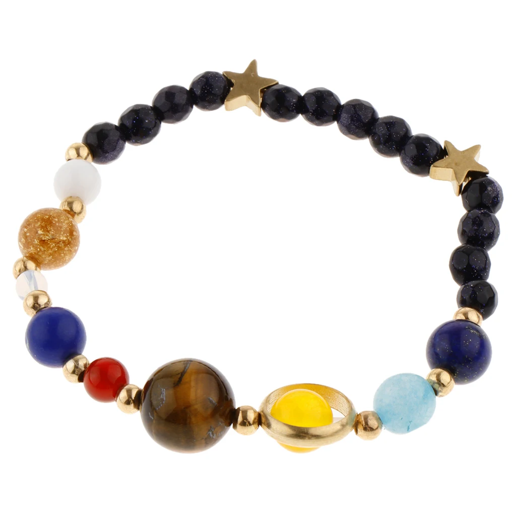 Women Multicolor Round Natural Stone Beads Bracelets Elastic Solar System Bracelet
