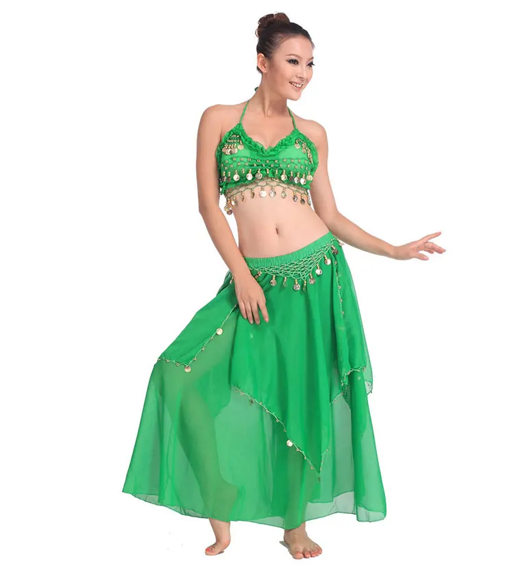Зеленый танец живота сценическое представление Восточный танец живота одежда 2 шт. костюм Топ рубашка+ юбка набор костюма для танца живота