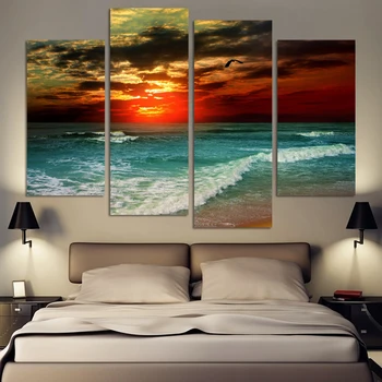 

Unframed 4Panel Sunset Sea Wave Landscape Modern Print Painting On Canvas Home Wall Decor For Living Room Wall Art Picture Gift
