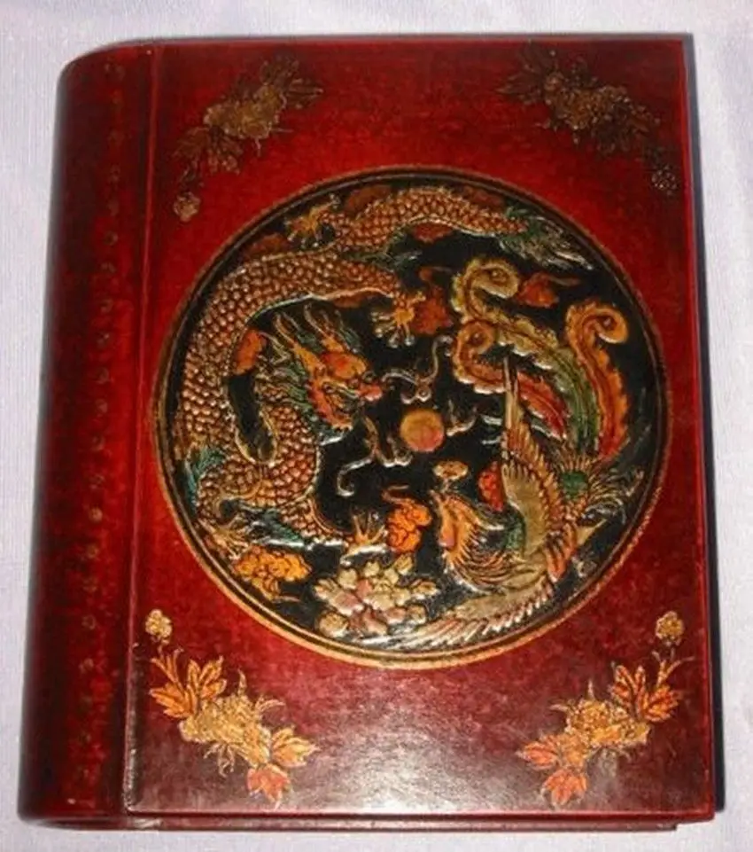 

Chinese leather Wood carved Dragon Phoenix Book Box free shipping