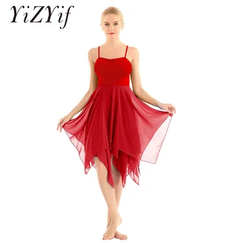 

YiZYiF Women Asymmetric Chiffon Ballet Dress Adult Spaghetti Strap Sleeveless Contemporary Lyrical Dance Dress For Women Dresses