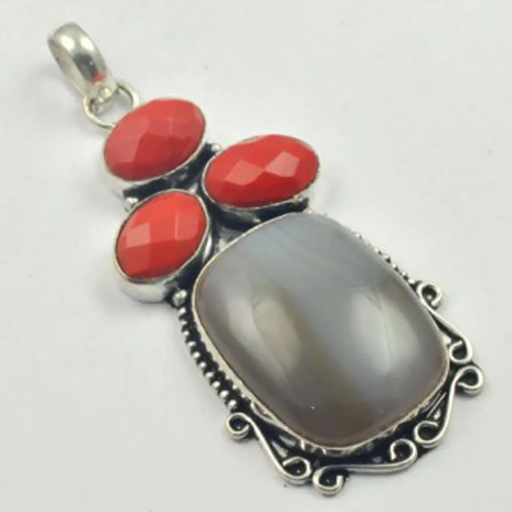 

Coral & Botswana Agates Pendant Silver Overlay over Copper , 73 mm, P5112