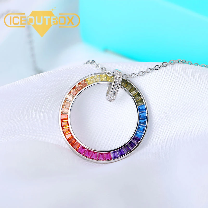 

Hollow Round Circle Rainbow Crystal Pendant Necklace For Women 925 Sterling Silver Chain Elegant Simple Design Wedding Party Jew