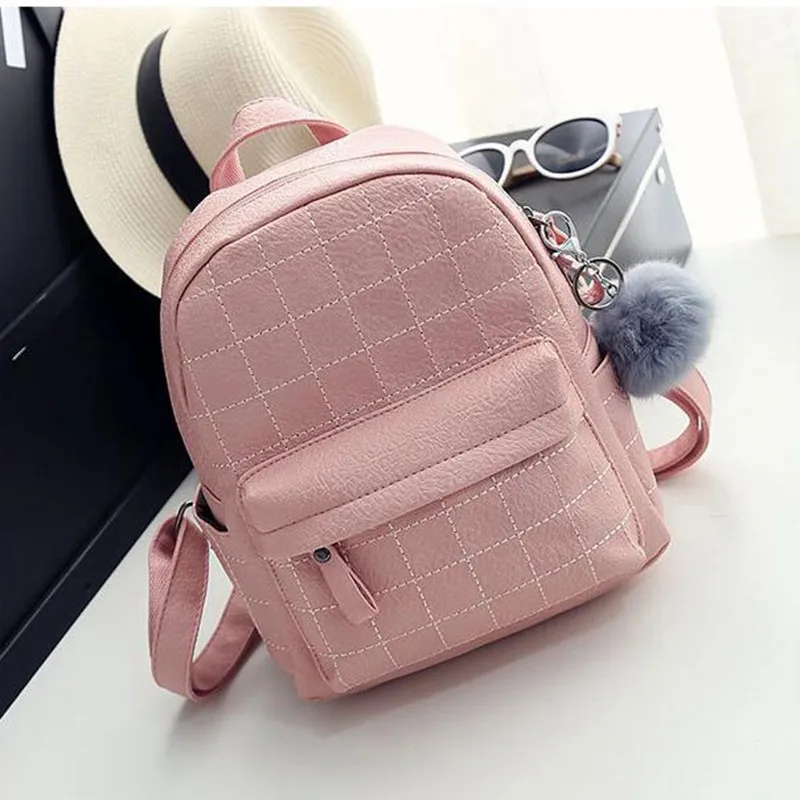 Розовый женский рюкзак с меховым шариком, украшение, школьная сумка из искусственной кожи, сумка клетчатая, повседневная, свежая, Подростковая сумка для девочек, Mochila LB306