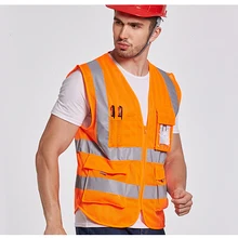 Высокая видимость ANSI 107 флуоресцентный оранжевый сетчатый защитный светоотражающий жилет с карманами с логотипом компании, с принтом