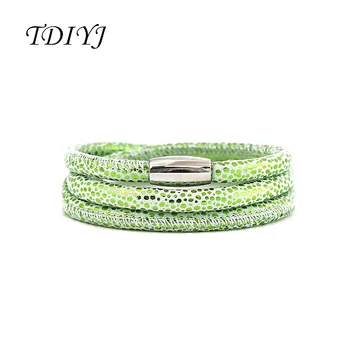 

TDIYJ 6Pcs Fashion Green Sparkling Genuine Sheepskin Leather Warp Charms Bracelet with Magnetic Clasp Three Layers Special Gift