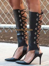 Women High Thin Heel Sandals Pointed Toe Side Hollow Cross-tied Mid-Calf Boots Gladiator Stiletto Heel Summer Fashion Shoes new women fashion mid calf boots for spring autumn pointed toe high heel cross tied black solid shoes lady lace up thin heels