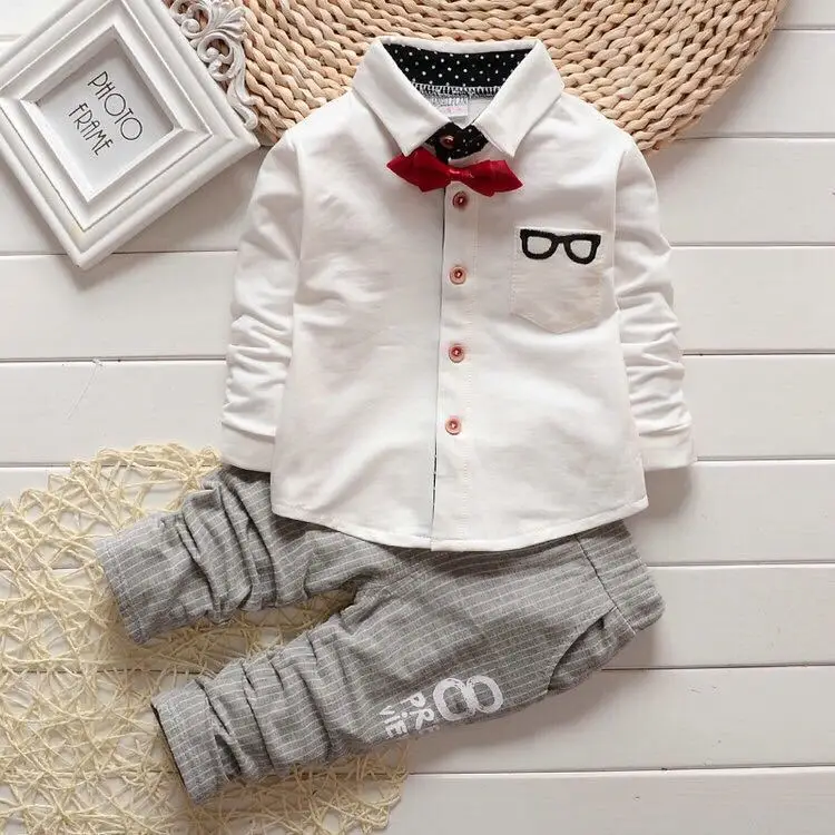 

Baby Gentleman Infant Clothing Set 2017 Fashion Glasses Long Sleeved Shirts + Gray Striped Pants 2PCS Kids Bebes Jogging Suits