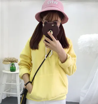 

Korean Style Women Hooded Hoodies Sweatshirts Solid Color Pockets Cotton Thick Sweatshirt Autumn Women Clothes