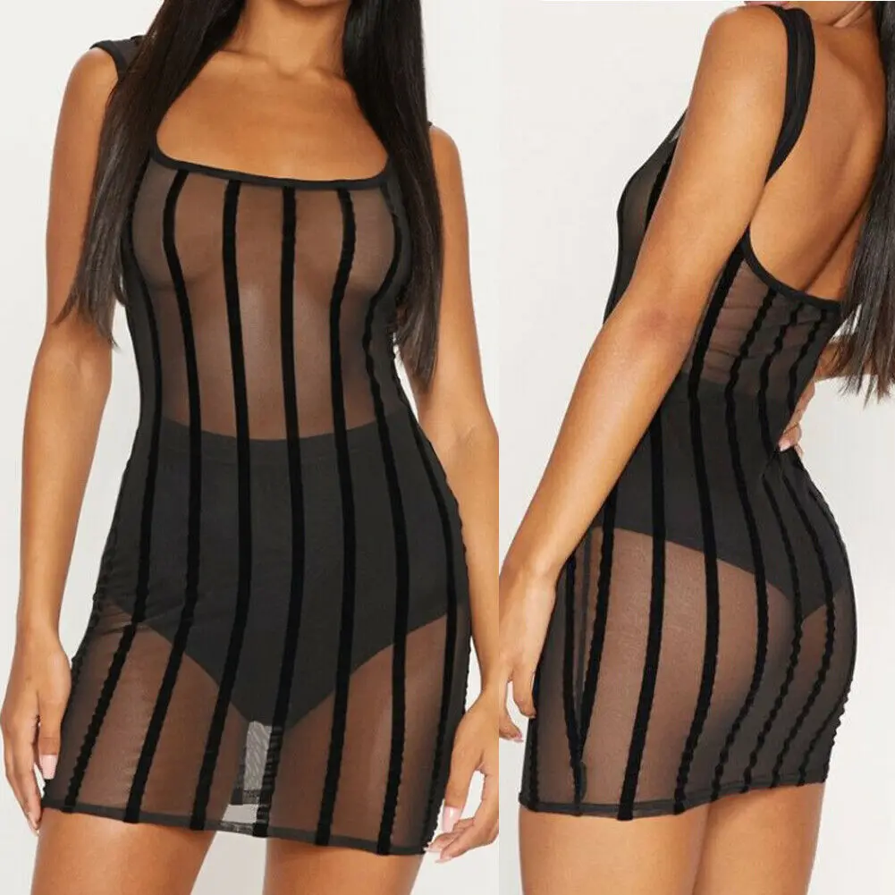 

See-through Sleeveless Mesh Fishnet Cover Up Bodycon Black Swimwear Suit Beach Dress 2019 Sexy Lasdies Women Summer Mini Dresses