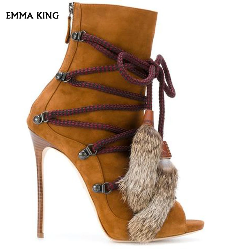 

2019 Sexy Rabbit Hair Embellished Back Zipper Ankle Boots Open Toe Ankle Strap Sandalias Mujer Thin High Heels Party Shoes Woman