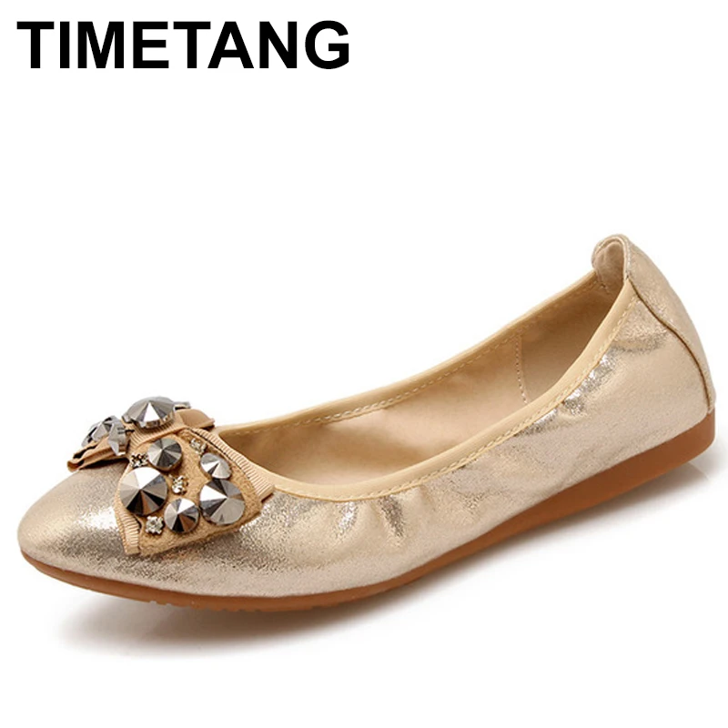 

TIMETANG New 2018 Spring Summer Foldable Ballet Women Flats Large Size Egg Roll Shoes Woman Fashion Rivets Bow Zapatos mujer