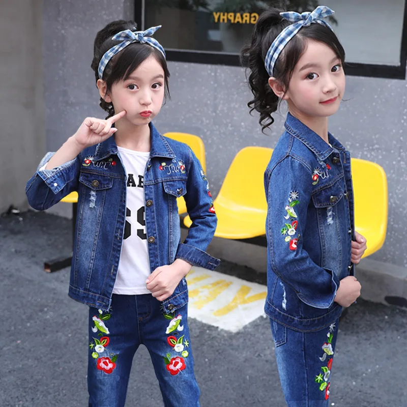 

2019 Kids Clothing Set Girls Denim Jacket Embroidery Floral Girls Clothes 7 8 9 10 12 Years 2pcs Outfits Children Girl Clothing