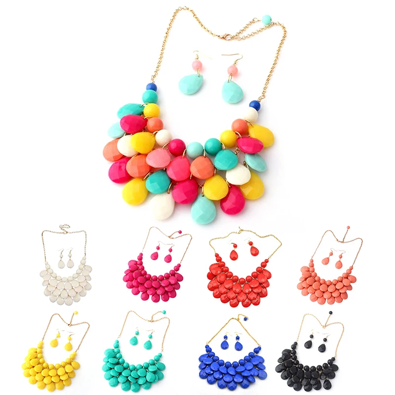 Multilayer Waterdrop Bead Necklace Earrings Sets Multicolor Fashion Teardrop Statement Women Wedding Party Jewelry Sets