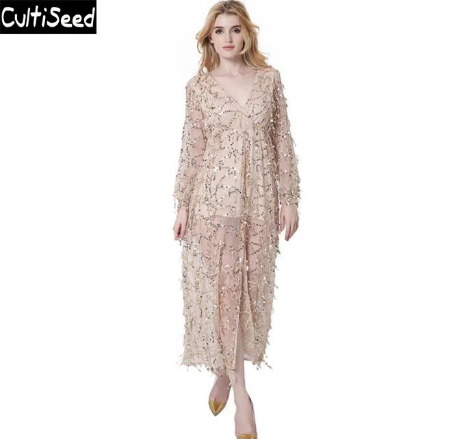 

Europe Women Sexy Sequins Tassel Slit V Neck Hollow Out Mesh Long Party Dress with S-2XL