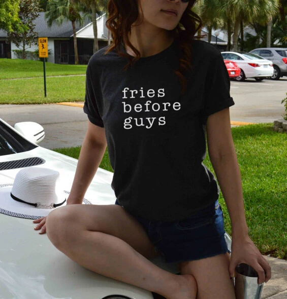 Футболка с коротким рукавом хлопковая надписью fries before guys|short sleeve|t shirt cottonshirt quote |
