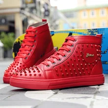 British Men’s Leather Boots Red Rivet Martin Boots Spring&fall Male Ankle Boots Flat Trend Hip-hop Man Boots Black Size 38-43