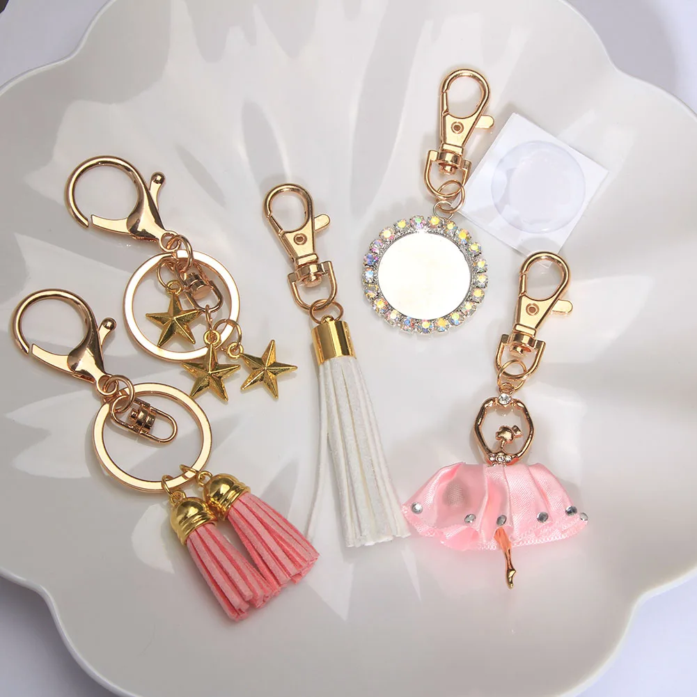 keychain ball key chain pompom fluffy Bag Charm Key rings ballerina girl gift 1set(5PCS)