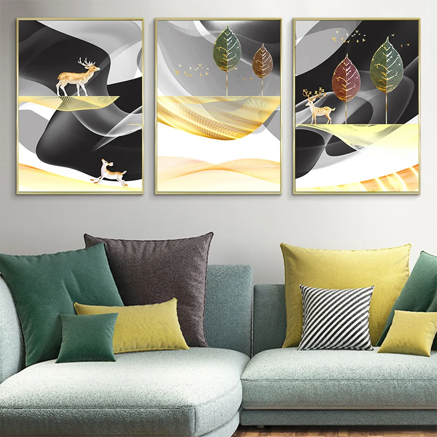 

Black Gold Painting Nordic Scandinavian Poster Print Deer Tree Canvas Wall Art Picture for Living Room Bedroom Fashion Art Decor