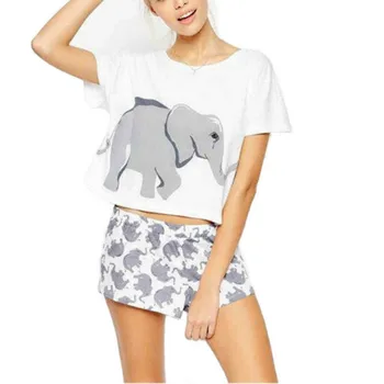 

Summer Girl T-Shirts Elephant Pattern Front and Back Printed Cotton T-shirt with Round Collar and Short Sleeves Women T-shirt