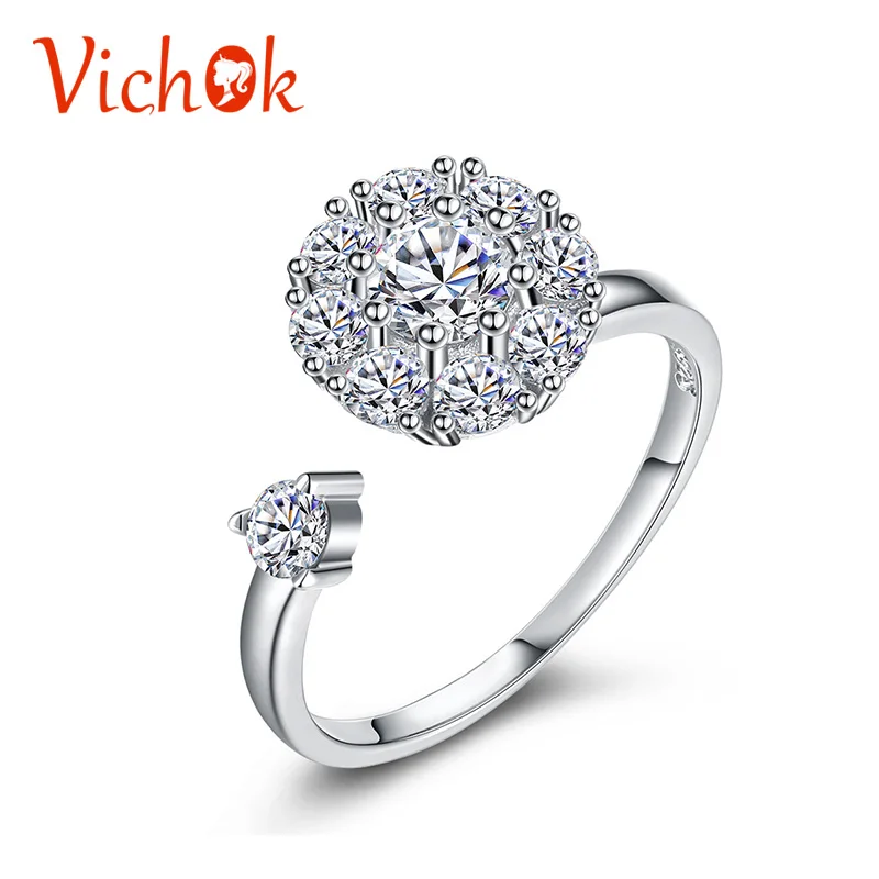 

VICHOK 925 Sterling Silver Ring Rotatable Cubic Zirconia Micro-inlay Setting Ring For Women Fine Jewelry Wedding Engagement Ring