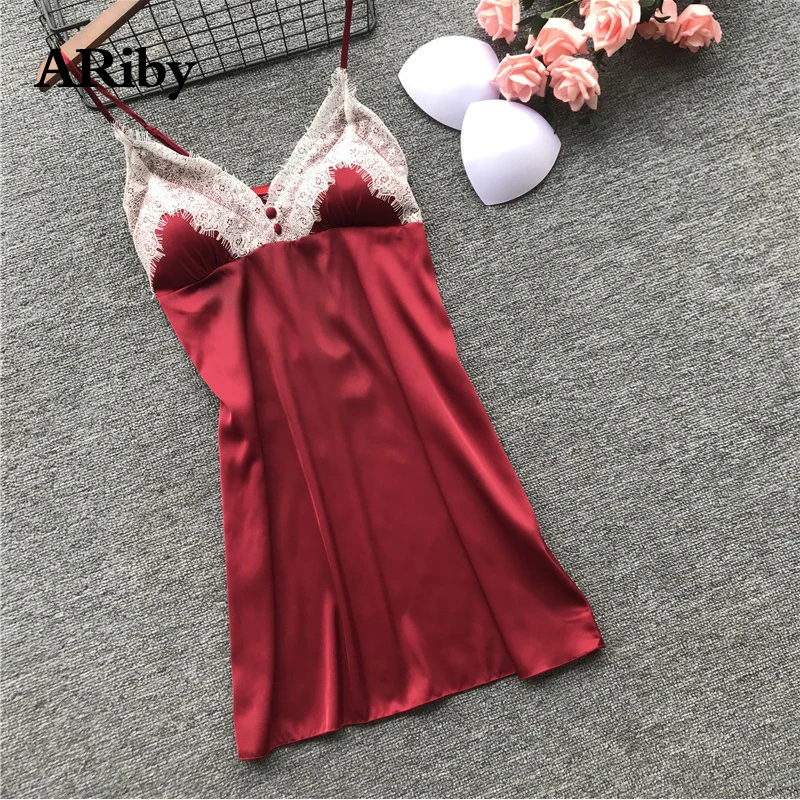 

Plus Size Women Silk Nightdress 2019 Female Summer Sexy Underwear Seduction Nightdress Lace Red Black Pink Babydolls Chemises