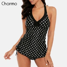Charmo Women Two Pieces Tankini Set Colorblock Swimwear Side Bandages Polka Dot Swimsuit Padded Strapped Swimsuits Bathing Suit polka dot asymmetrical tankini set