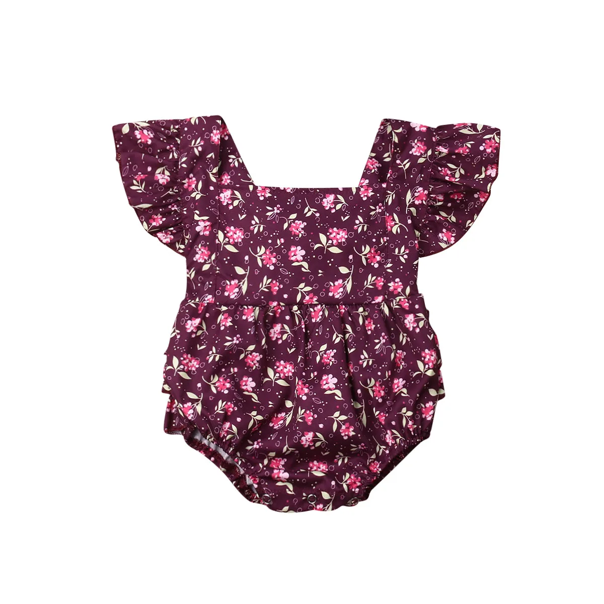 

2019 Newborn Infant Toddler Baby Girl Bodysuits Summer Purple Floral Clothes Sleeveless Ruffle Outfits Sunsuit Costume Clothing