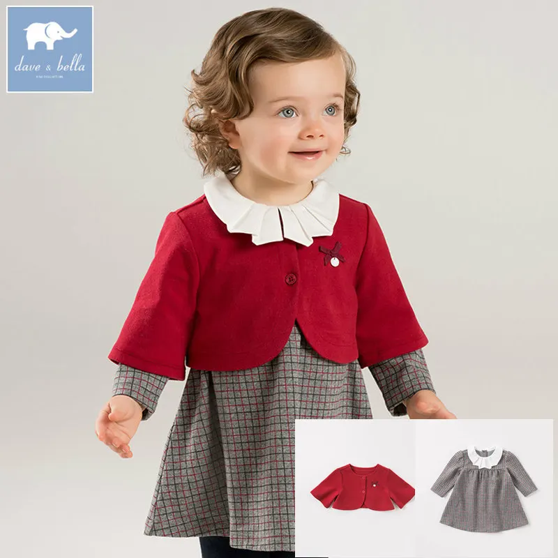 DB8524 dave bella/осеннее Детское пальто+ платье комплекты из 2 предметов клетчатое платье в стиле Лолиты для девочек модная детская одежда высокого качества