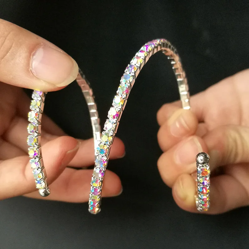 AB Crystal Rhinestone Bangle Bracelets Silver Plated Spiral Upper Arm Bracelet for Women 2 Row Iridescent Color Bracelets Bangle (6)