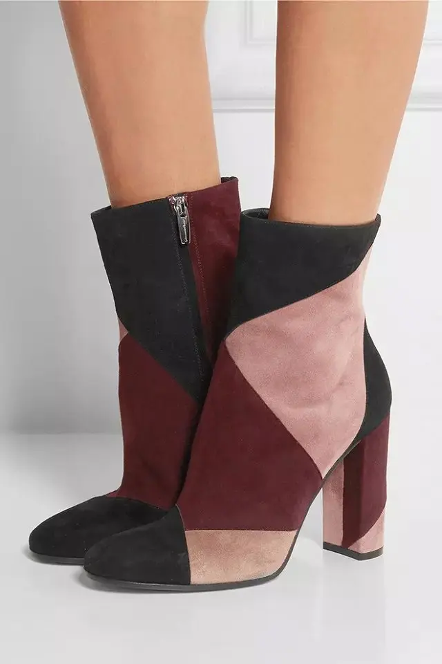 

New designer hot selling thick high heel multi-color short boots patchwork elegant mid-calf dress boots dropship