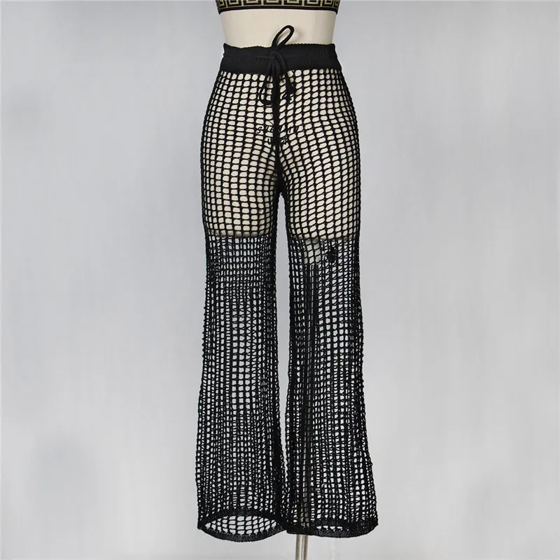 Adogirl Women Beach Flare Pants Solid Knitted Hollow Out Fishnet Wide Leg Pants High Waist Lace Up Sashes Night Club Trousers