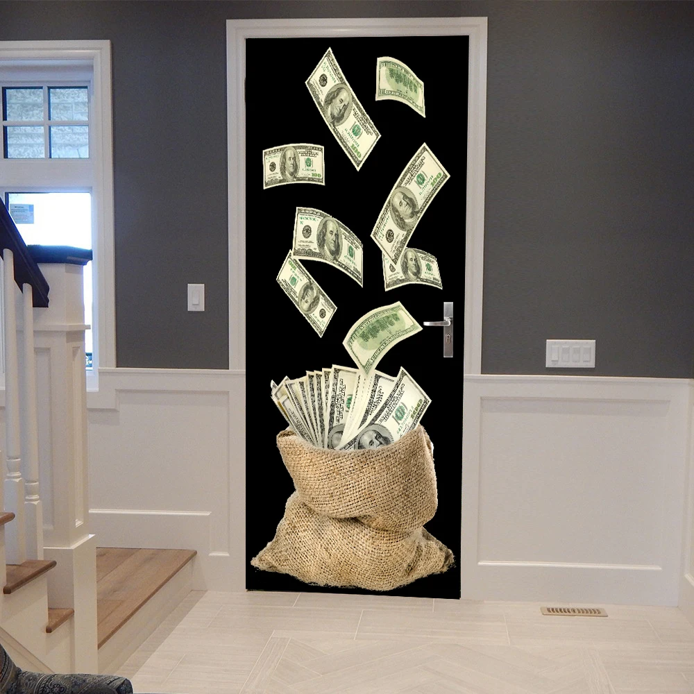 Free shipping DIY 3D Money bag Door Sticker Mural Home Decor for