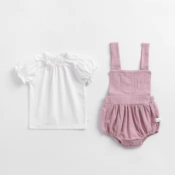 

Lovely cozy newborn baby clothing set short sleeve white shirt+lavender jumpsuit for girls outfits children onesie 0-24m