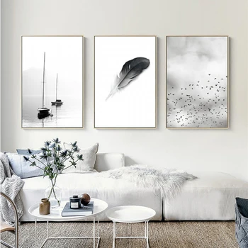 

Black and White Feather Landscape Abstract Canvas Painting Nordic Poster Print Wall Art Pictures Living Room Home Office Decor