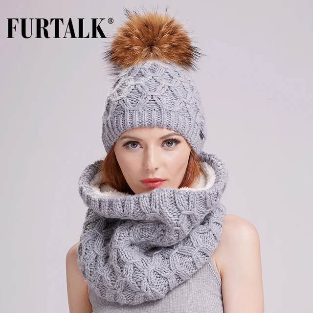 FURTALK winter women scarf hat set knit wool skullies beanies real fur pom pom hats and infinity scarves for girls
