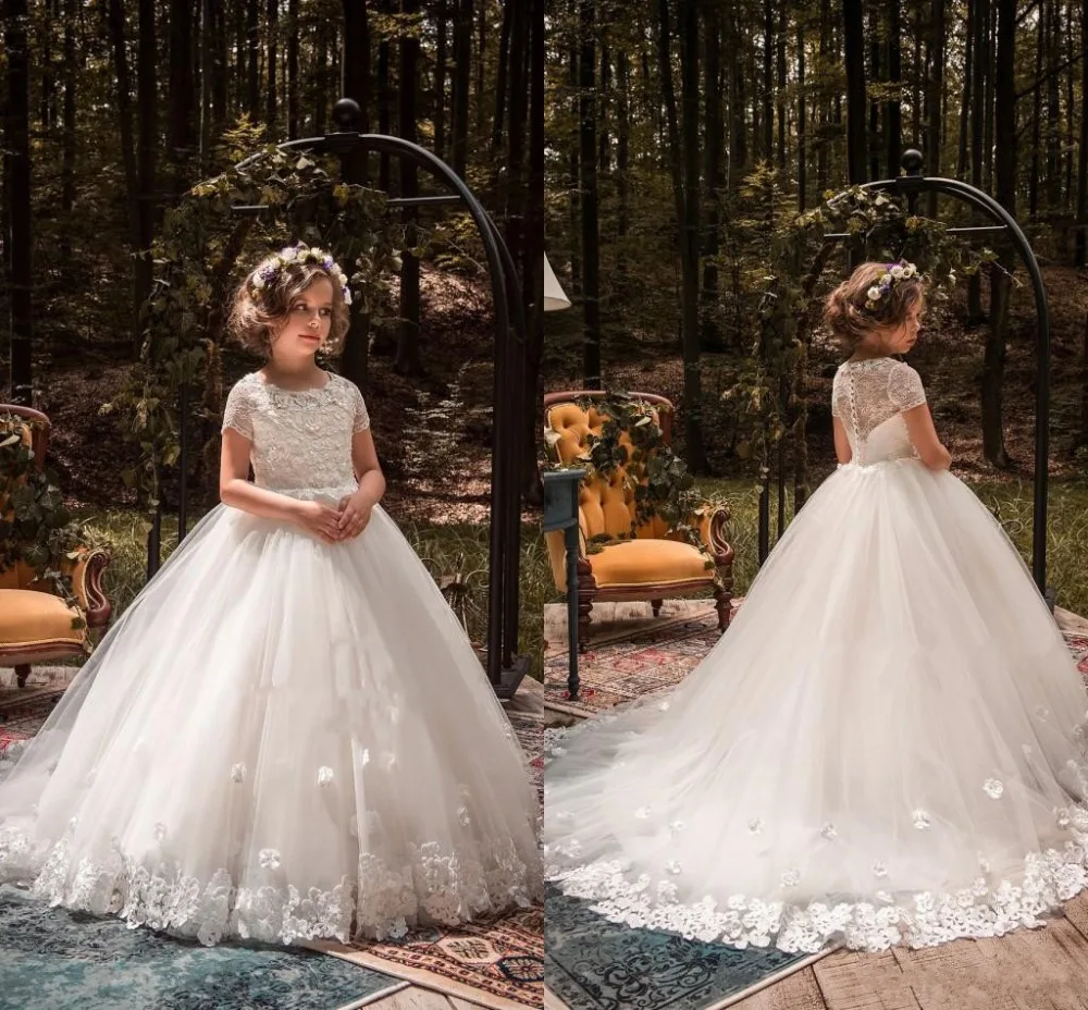 

Ivory White Flower Girls Dresses 3D Floral Lace Applique Floor Length Girls Pageant Dresses Little Princess First Communion Gown