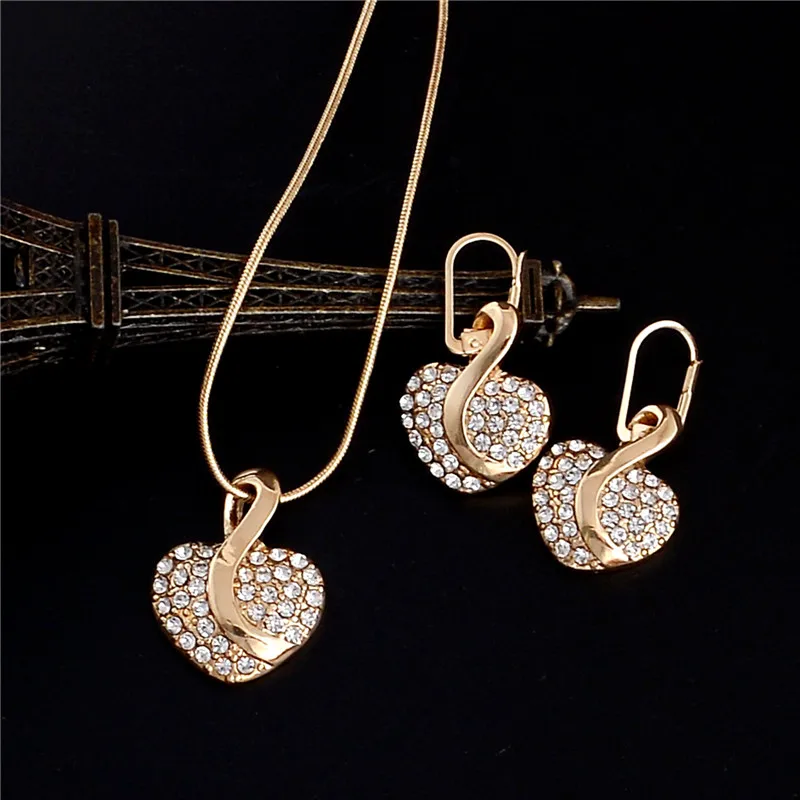 Модные ювелирные изделия роскошные золотые романтические Австрийские кристаллы в форме сердца цепочка ожерелье серьги Ювелирные наборы