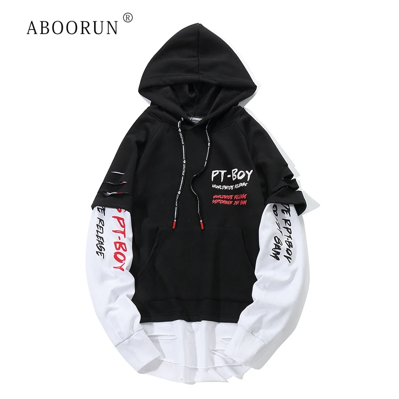 

ABOORUN Men's Hip Hop Sweatshirts Fashion Extended Ripped Printed Hoodies Fake Two Pieces Pullover Sportwear for Male R1025