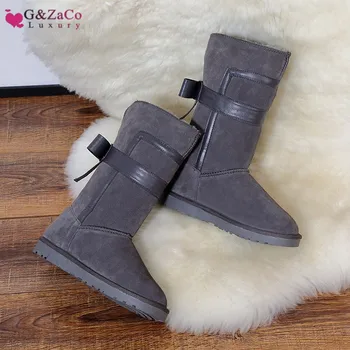 

G&Zaco Sheep wool Snow Boots shoes Genuine suede Leather boots mid-calf Sheep Fur Bow Women Winter Flat Shoes gray black