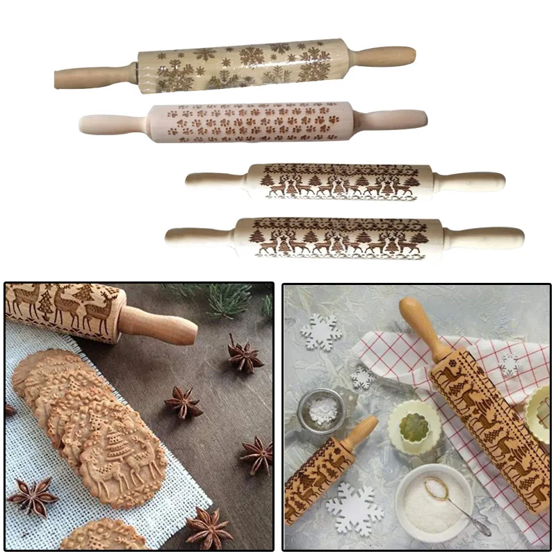 1PC Christmas Rolling Pins Engraved Carved Wood Embossed Rolling Pin