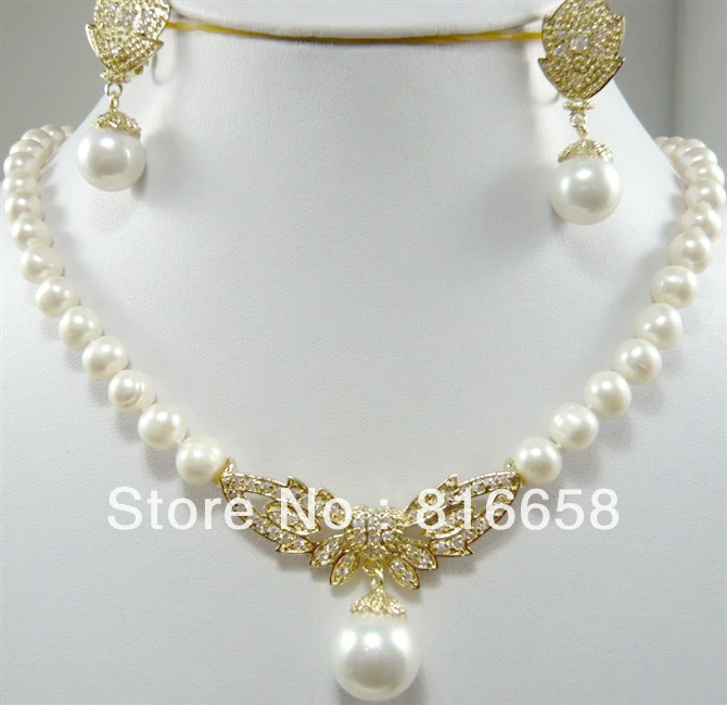 

hot Free shipping@@ Gift - natural freshwater white pearl necklace earrings drop set
