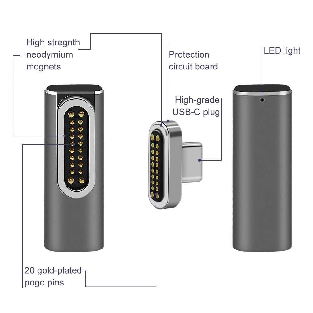 Магнитный USB C адаптер, 20 контактов типа C разъем, USB PD 100 Вт быстрая зарядка, 10 GBP/s данные для MacBook Pro/Air и больше устройств типа C