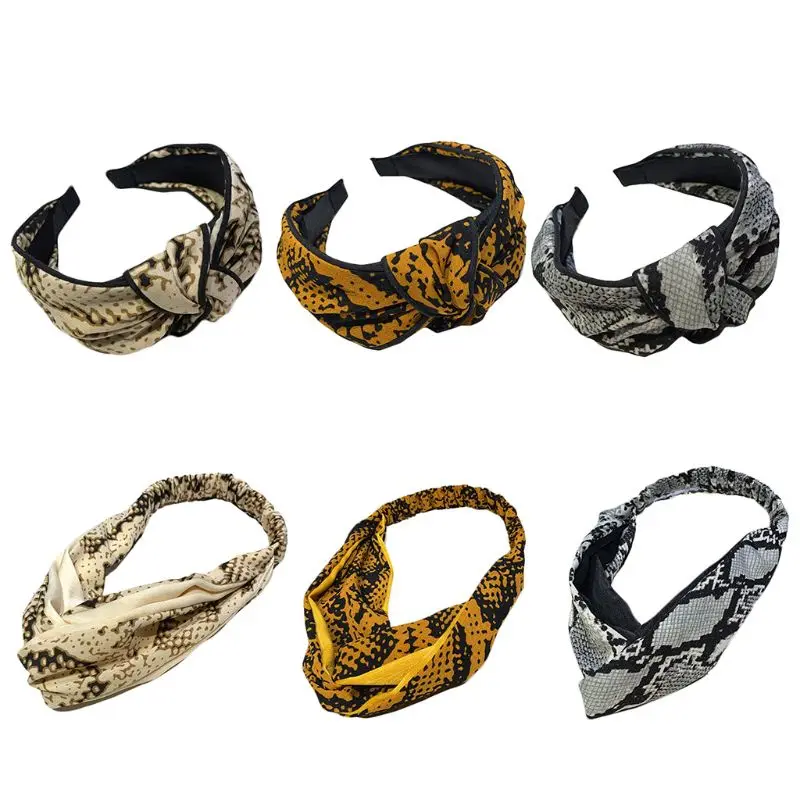 

Bohemian Snakeskin Digital Print Headband Women Handmade Cross Knotted Wide Hair Hoop Wash Face Makeup Hair Styling Accessories