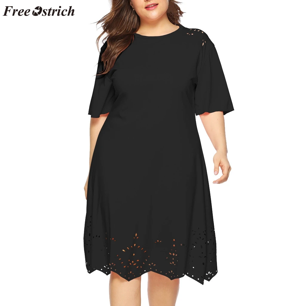 

FREE OSTRICH Women's large size casual O-neck knee-length dress party dress short-sleeved fashion burnt flower large size dress
