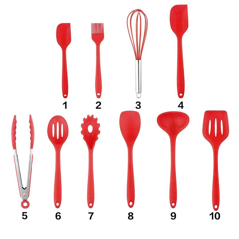 HOT 10Pcs/set Silicone Cooking Tool Sets Non-stick Egg Beater Spatula Spoon Shovel Ladle Spaghetti Server Oil Brush Kitchen U HOT 10Pcs/set Silicone Cooking Tool Sets Non-stick Egg Beater Spatula Spoon Shovel Ladle Spaghetti Server Oil Brush Kitchen U
